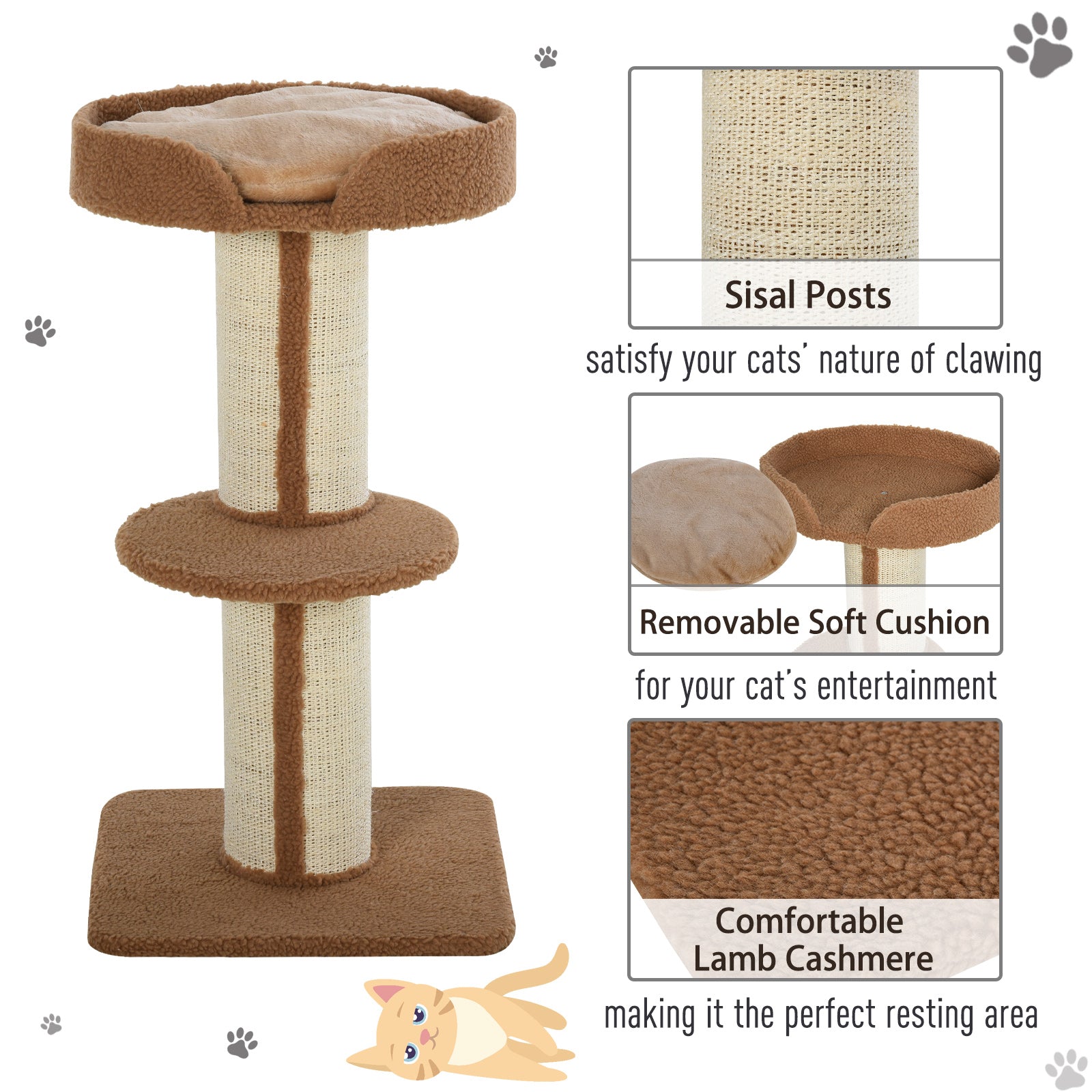 PawHut 91cm Cat Tree for Indoor Cats Kitten Activity Center Play Tower Perches Sisal Scratching Post Lamb Cashmere Brown