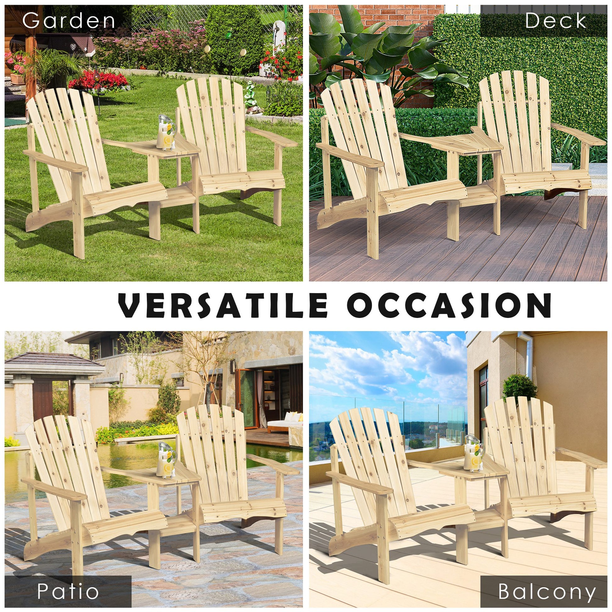 Outsunny Wooden Outdoor Double Adirondack Chairs Loveseat w/ Center Table and Umbrella Hole