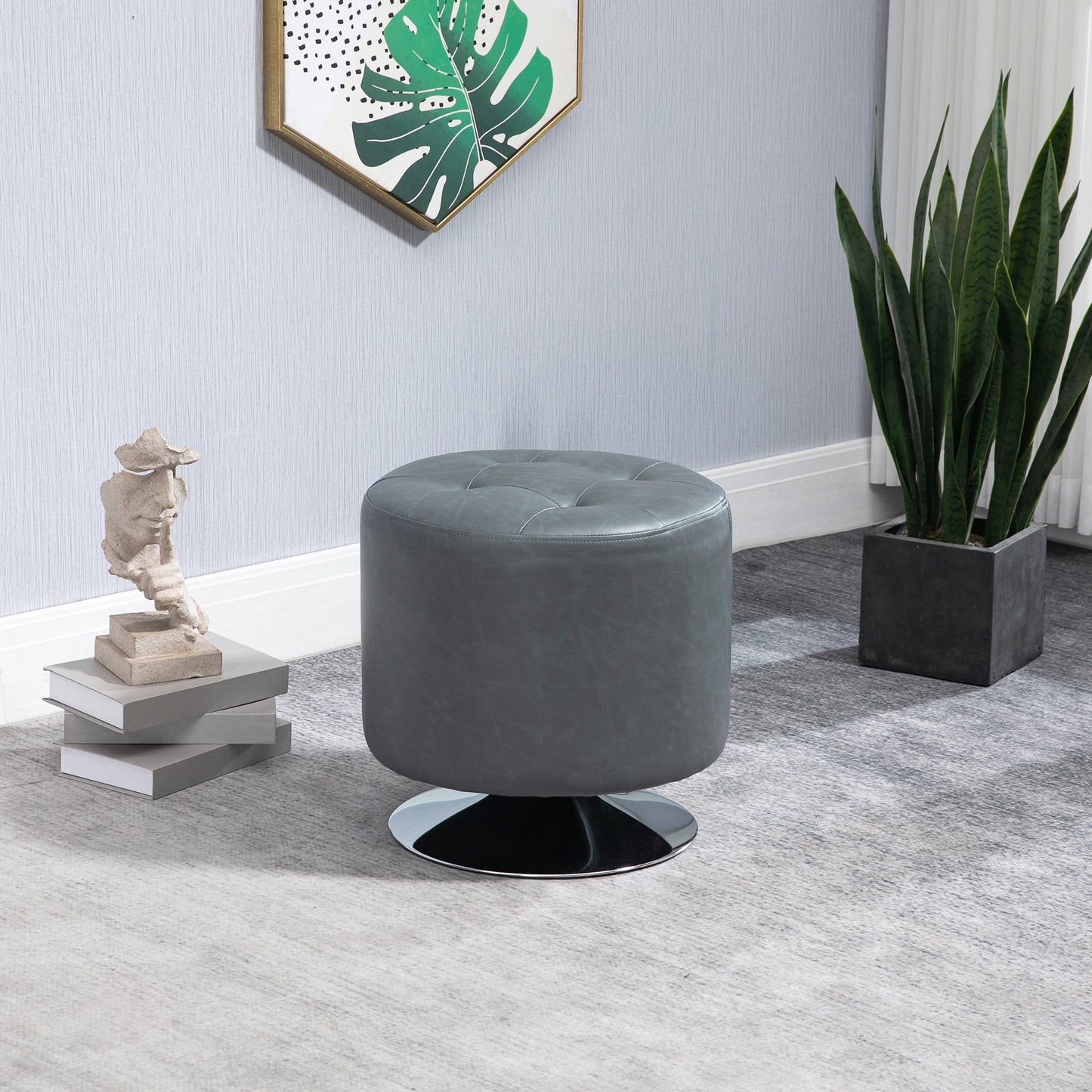 Homcom 360° Swivel Foot Stool Round PU Ottoman with Thick Sponge Padding and Solid Steel Base