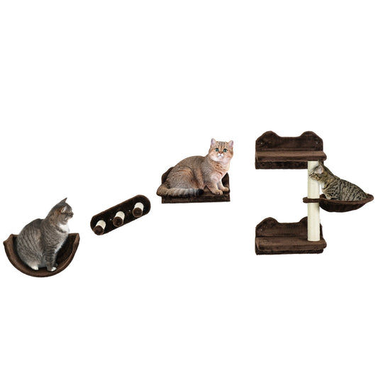 4PCs Wall-Mounted Cat Shelves w/ Scratching Post, Hammock, Nest - Brown-0