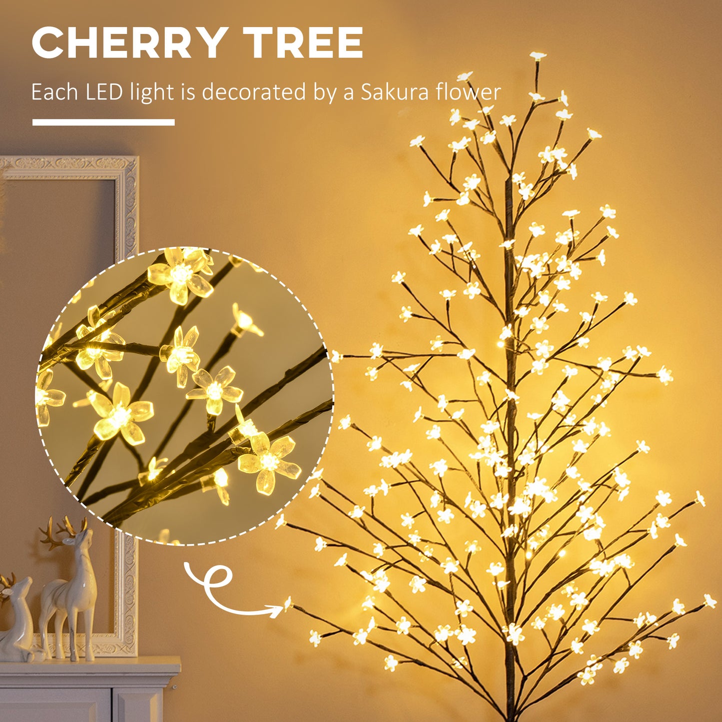 Homcom 6ft Artificial Cherry Tree Light with Plug In 180 Warm White Pre-Lit LED light for Indoor and Covered Outdoor Use