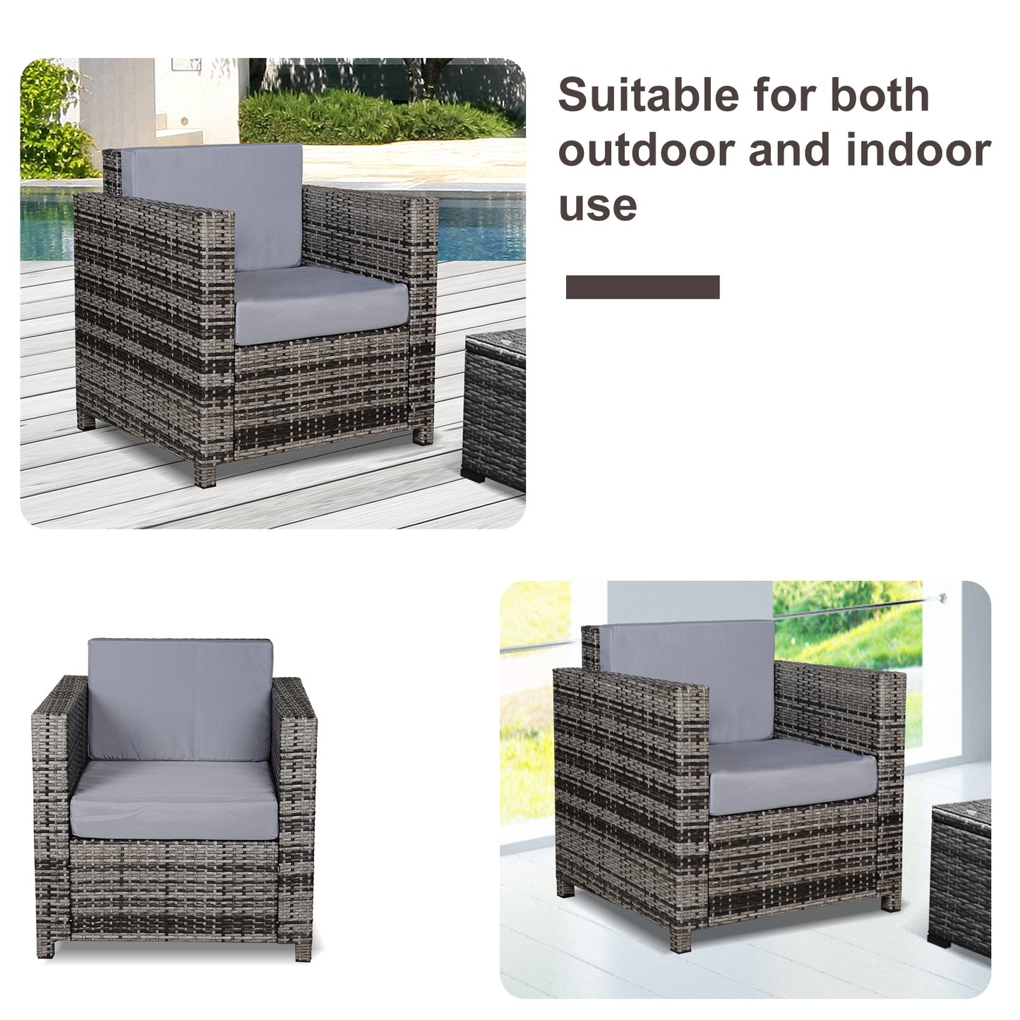 Outsunny 1 Seater Rattan Garden All-Weather Wicker Weave Single Sofa Armchair With Fire Resistant Cushion - Grey