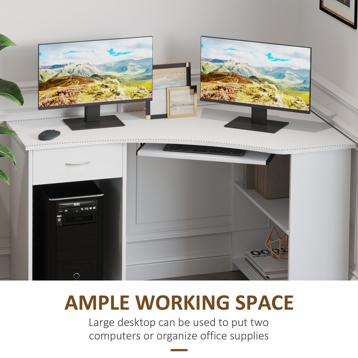 Homcom L-Shaped Corner Computer Desk w/ 2 Shelves Wide Worktop Keyboard Tray Drawer & CPU Stand Home Office Study Bedroom Furniture White