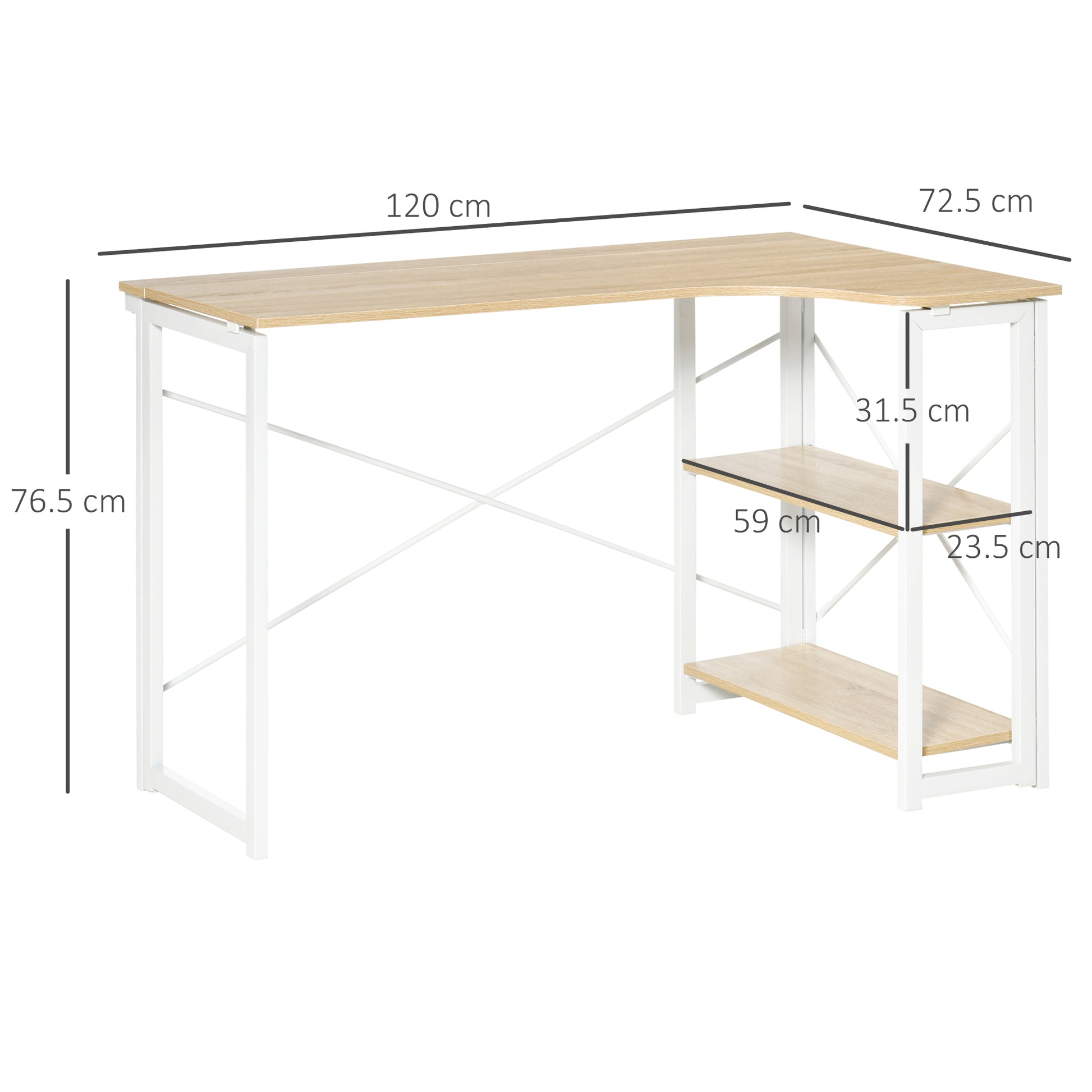 Homcom L-Shaped Desk Corner Computer Desk Folding Home Office Desk Study Table With 2 Shelves Oak Tone