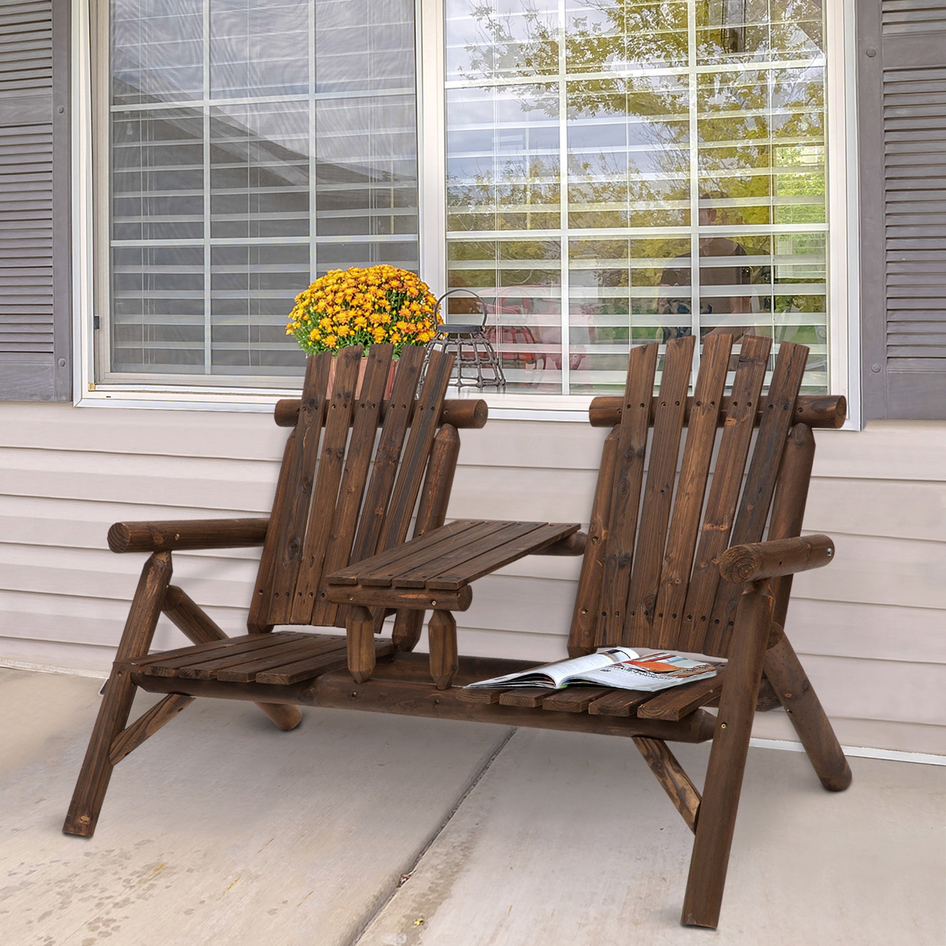 Outsunny Wood Patio Chair Bench 2 Seats Jack and Jill Seat w/ Center Coffee Table