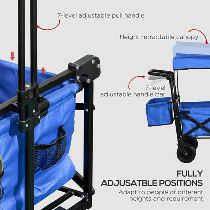 Outsunny Folding Trolley Cart Storage Wagon Beach Trailer 4 Wheels with Handle Overhead Canopy Cart Push Pull for Camping