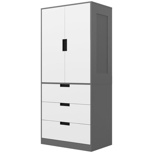 2 Door Wardrobe, Modern Wardrobe with 3 Drawers and Hanging Rod for Bedroom, Grey-0