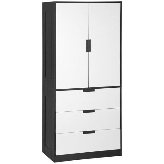 2 Door Wardrobe, Modern Wardrobe with 3 Drawers and Hanging Rod for Bedroom, White-0