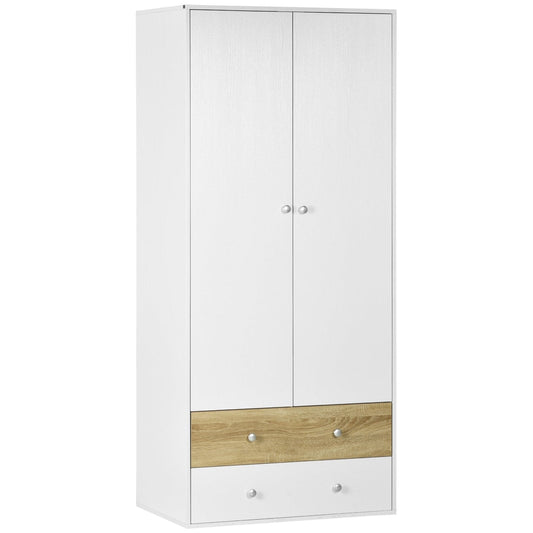 2 Door Wardrobe White Wardrobe with Drawers and Hanging Rod for Bedroom Clothes Organisation and Storage-0