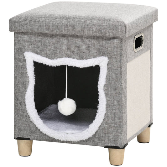 2 in 1 Cat Bed Ottoman, Comfortable Cat Sleeping Cave House w/ Removable Cushion, Scratching Pad, Handles, Anti-Slip Foot Pad, Toy Ball Grey-0