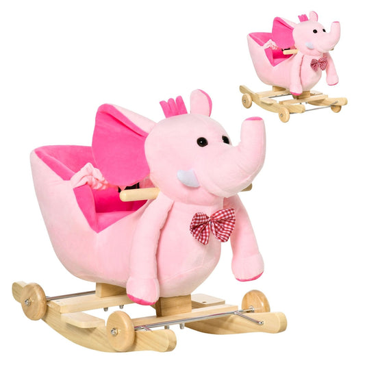 2 In 1 Plush Baby Ride on Rocking Horse Elephant Rocker with Wheels Wooden Toy for Kids 32 Songs (Pink)-0