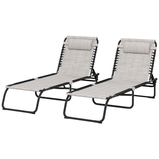 2 Pcs Folding Sun Lounger Beach Chaise Chair Garden Cot Camping Recliner with 4 Position Adjustable Cream White-0