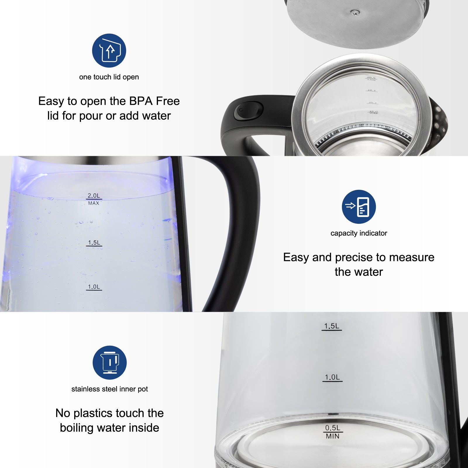 【Old Code：42128382】ZOKOP HD-250 220V 2000W 2L Blue Glass Electric Kettle