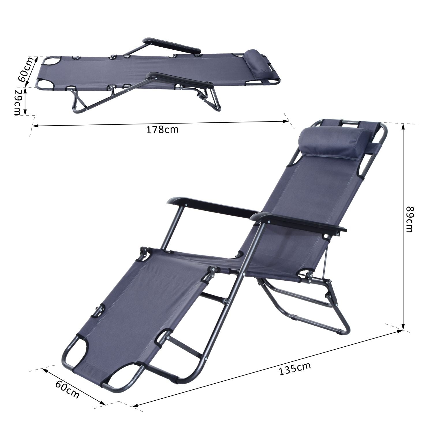 Outsunny 2 in 1 Sun Lounger Folding Reclining Chair Garden Outdoor Camping Adjustable Back with Pillow Grey