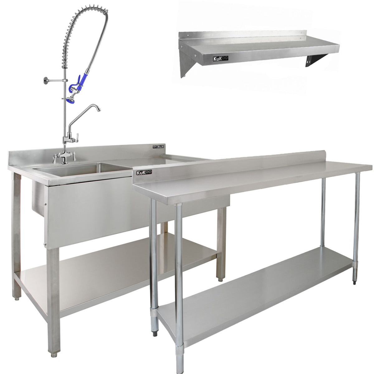 KuKoo Commercial Sink & Pre-Rinse Tap - Right Hand Drainer, 6ft Stainless Steel Catering Bench, 2 x Wall Mounted Shelves with extra Pre-Rinse Commercial Tap