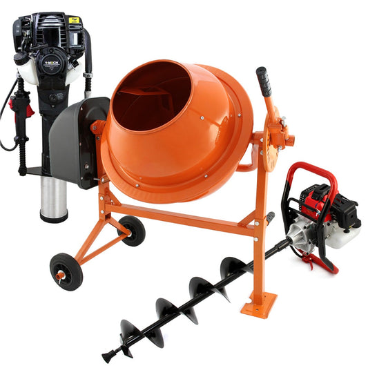 T-Mech Earth Auger, Cement Mixer and 120mm 4 Stroke Post Driver