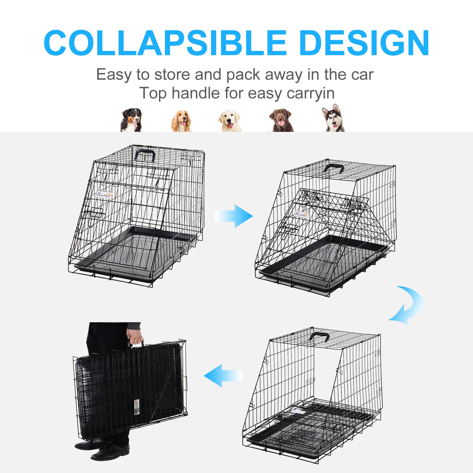 PawHut Metal Dog Car Crate Folding Pet Cage Transport Box Carrier for Small Dog with Removable Tray 77 x 47 x 55cm