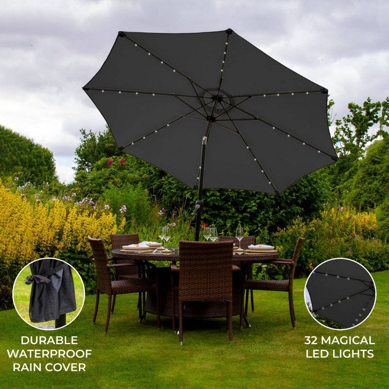 Solar LED Tilt Garden Parasol by Raven - 2.7M Grey