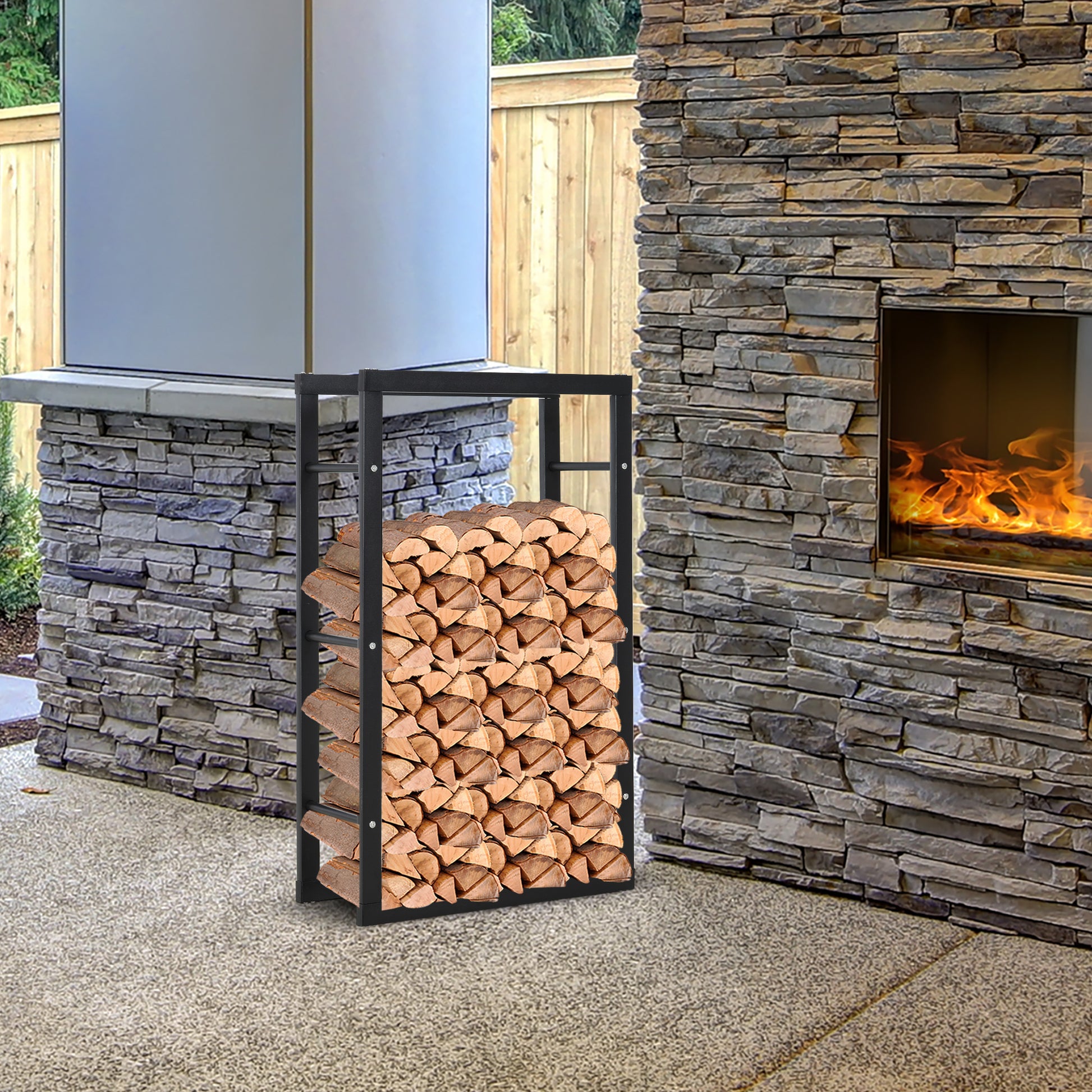 Homcom Metal Firewood Log Holder Tall Firewood Rack Indoor Outdoor Fireplace Wood Storage Shelf with Side Rails