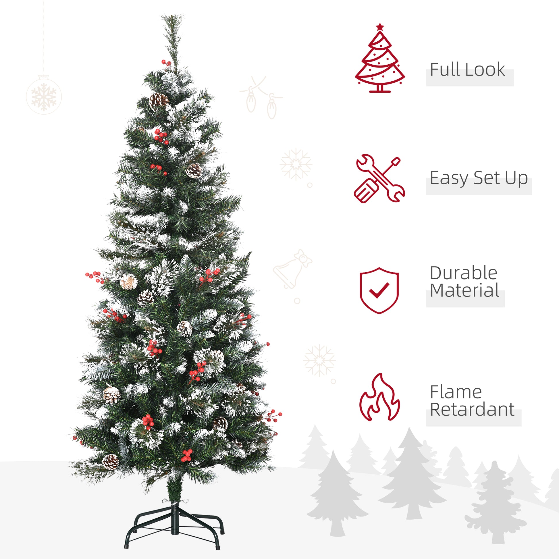 Homcom 5FT Snow Dipped Artificial Christmas Tree Slim Pencil Xmas Tree with 402 Realistic Branches