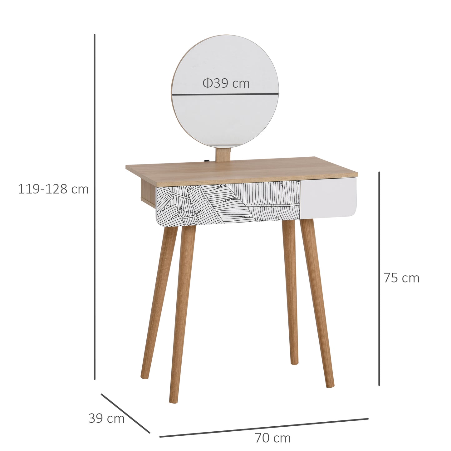 Homcom Dressing Table with Drawer and Mirror height adjustable Wooden Oak Color Bedroom Dressing Room Elegant and Durable