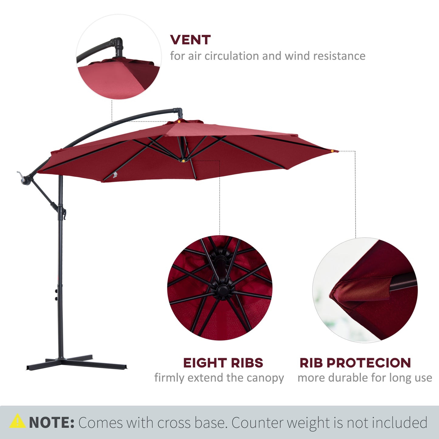 Outsunny Cantilever Umbrella Parasol Hanging Banana Steel Dark Green 3M Patio Wine Red