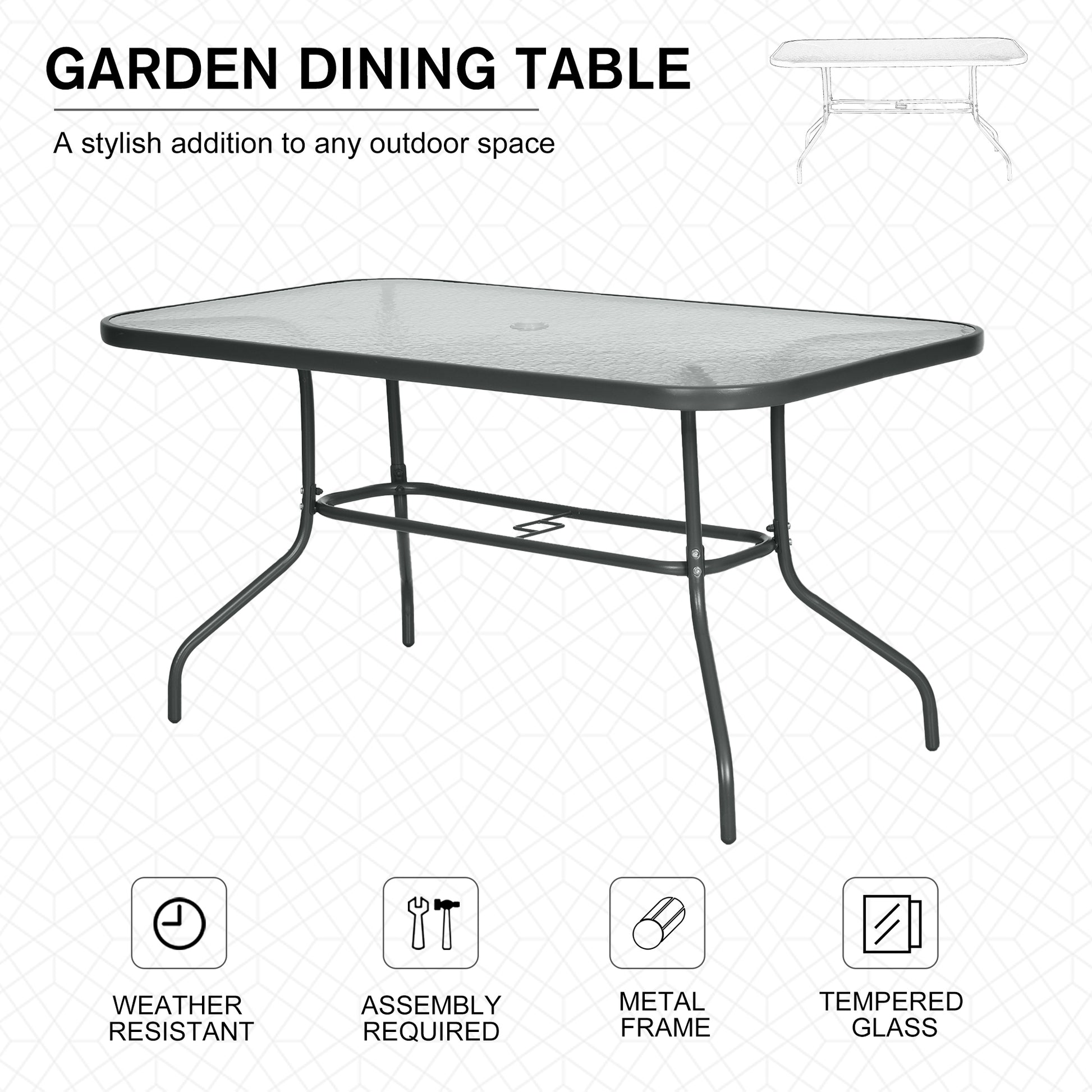 Outsunny Aquatex Glass Garden Table Curved Metal Frame Parasol Hole 4 Legs Outdoor Grey