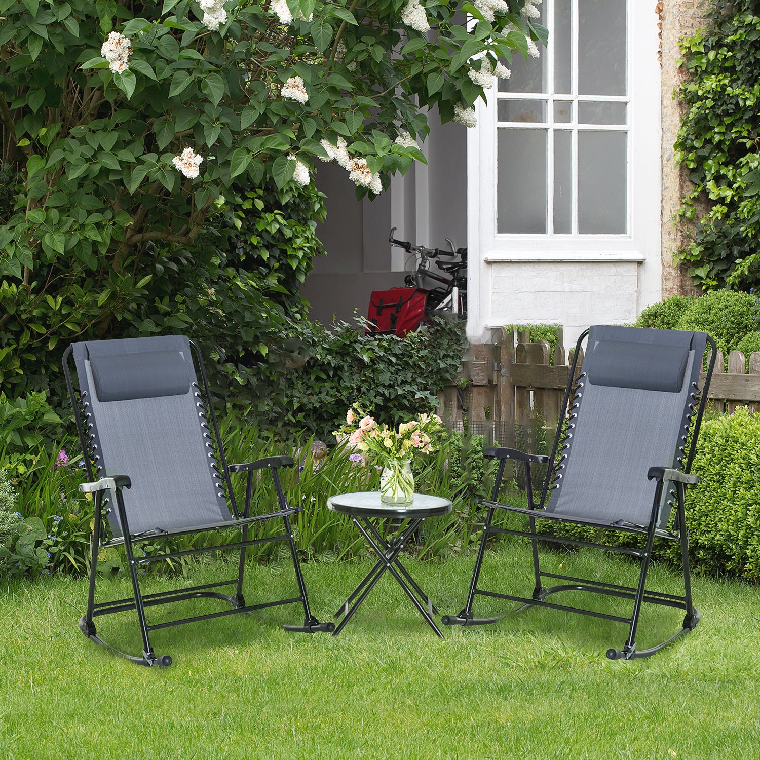 Outsunny 3 Piece Outdoor Rocking Set with 2 Folding Chairs and 1 Tempered Glass Table