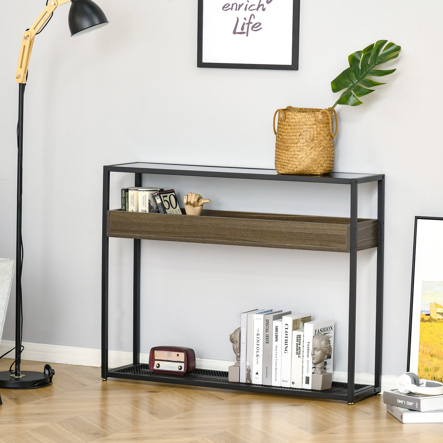 Homcom Industrial Style Console Table Sofa Table with Tempered Glass Top and Steel Frame for Living Room Hallway Entrance