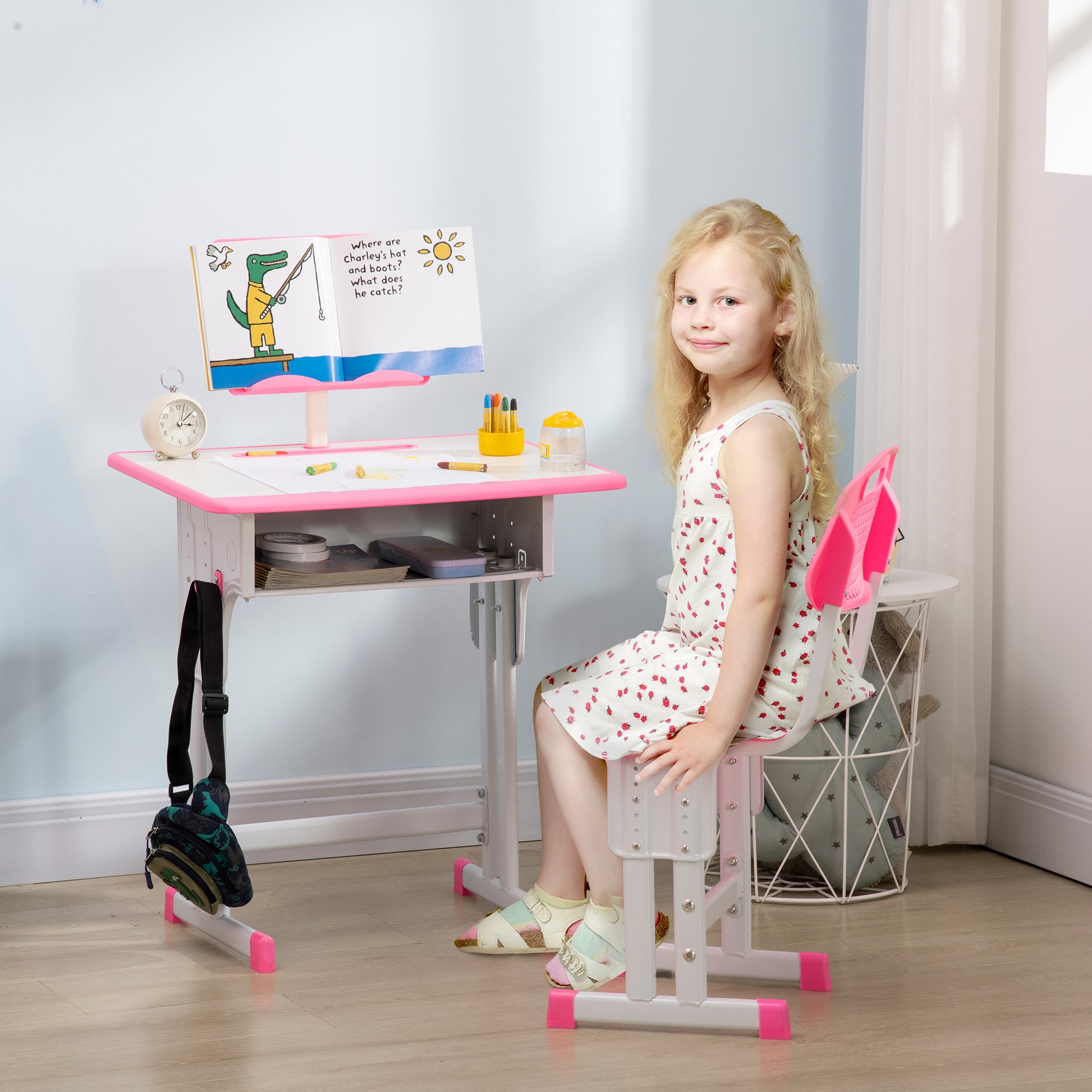 Homcom Kids Adjustable Desk And Chair Set Book Stand Pen Slot - Pink