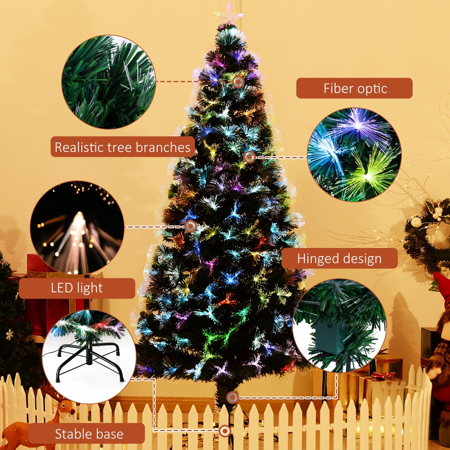 Homcom 6FT Tall Artificial Tree Fiber Optic Colorful LED Pre-Lit Holiday Home Christmas Decoration with Flash Mode Green