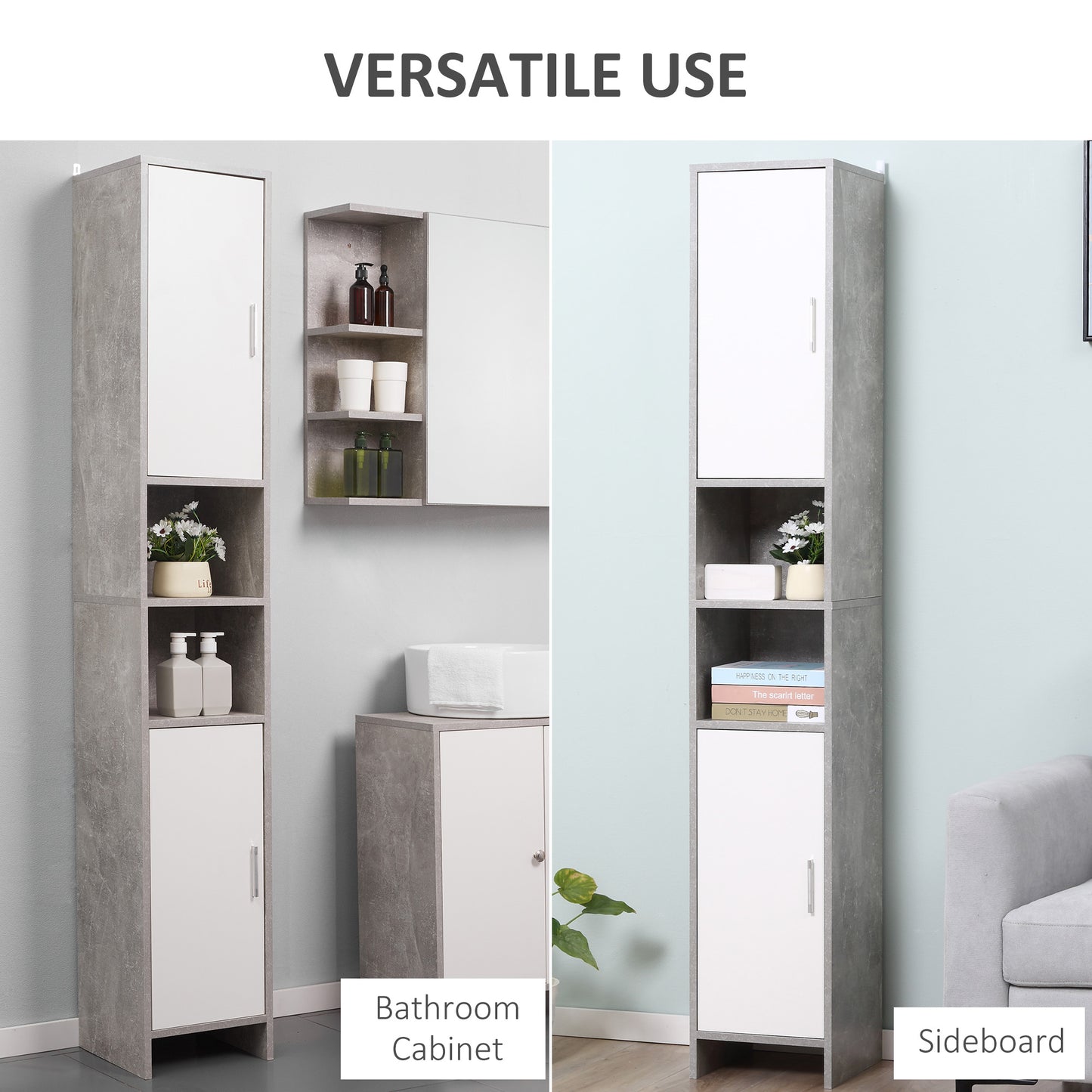 kleankin Free-standing Tall Bathroom Storage Cabinet w/ 2 Cupboards 2 Open Compartments