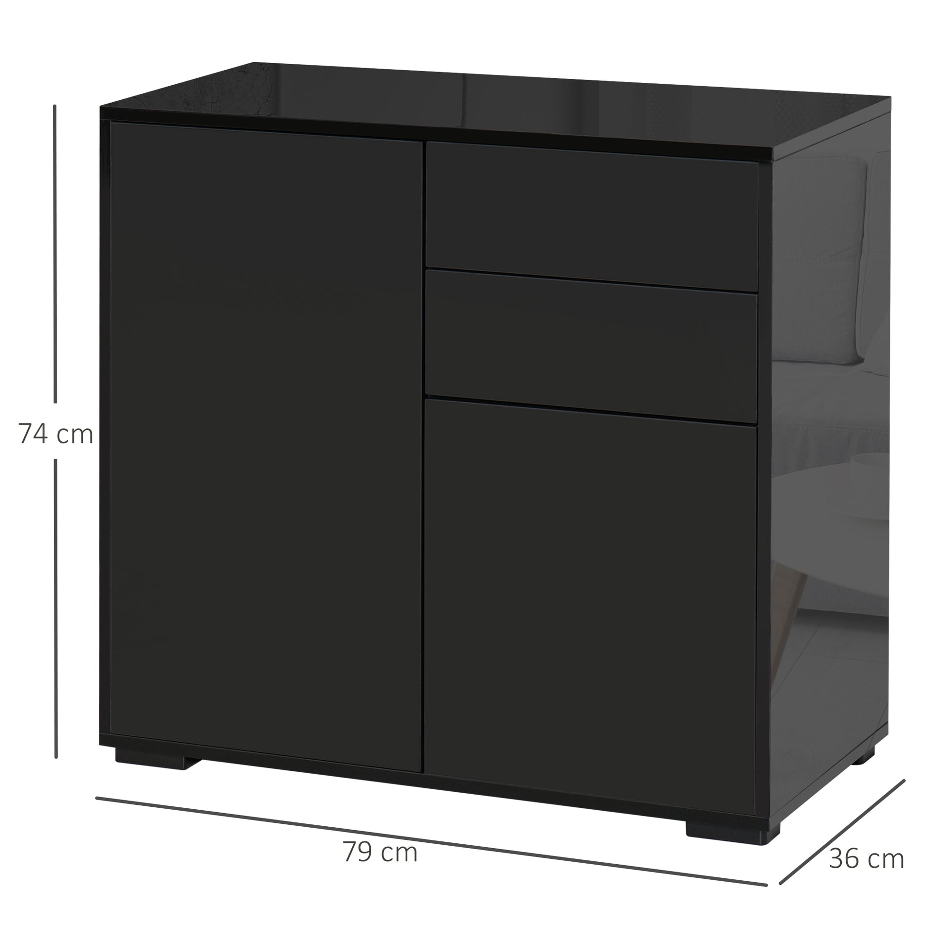 Homcom High Gloss Frame Sideboard Side Cabinet Push-Open Design With 2 Drawer For Living Room Bedroom Black