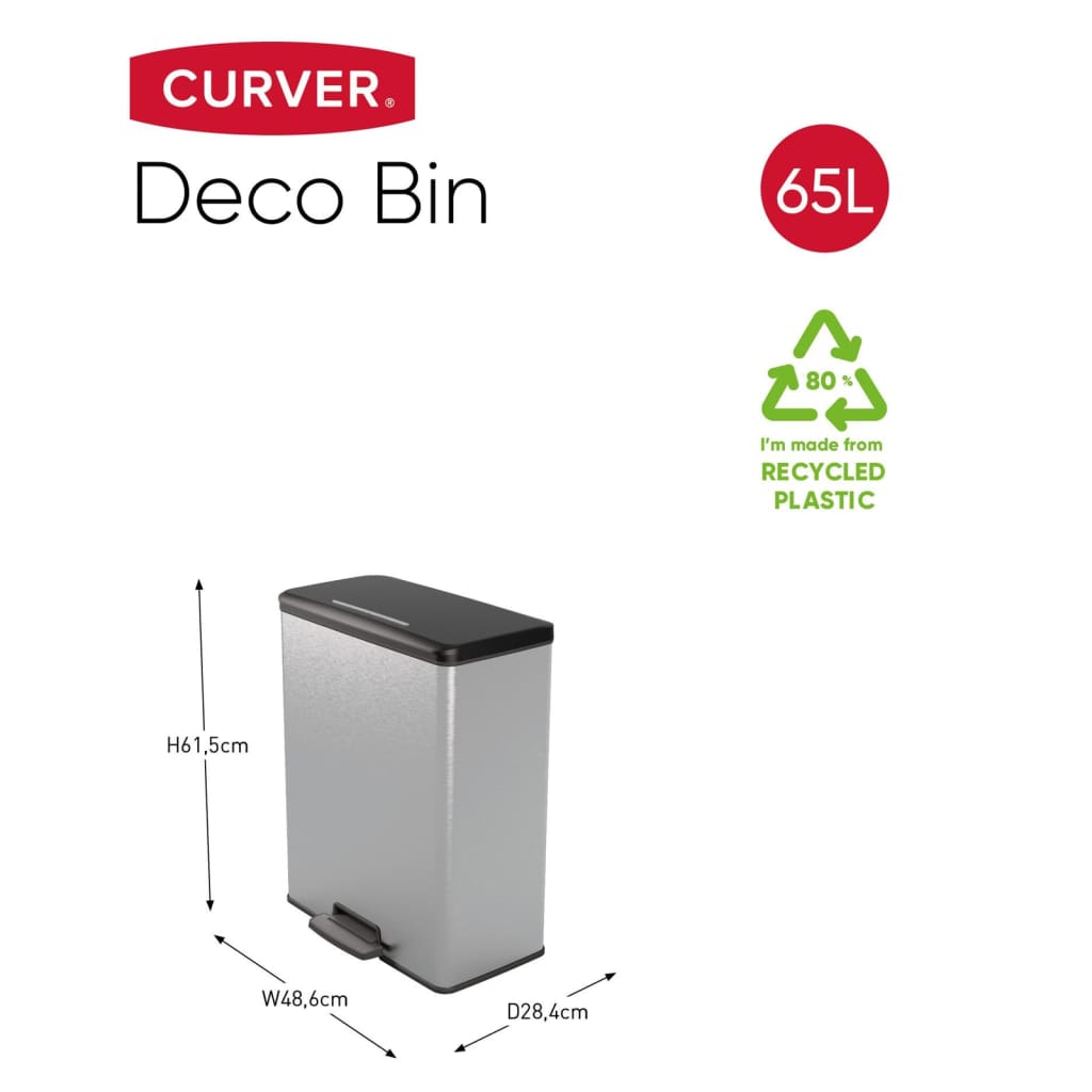 Curver Pedal Bin Deco Rectangular 65L Silver