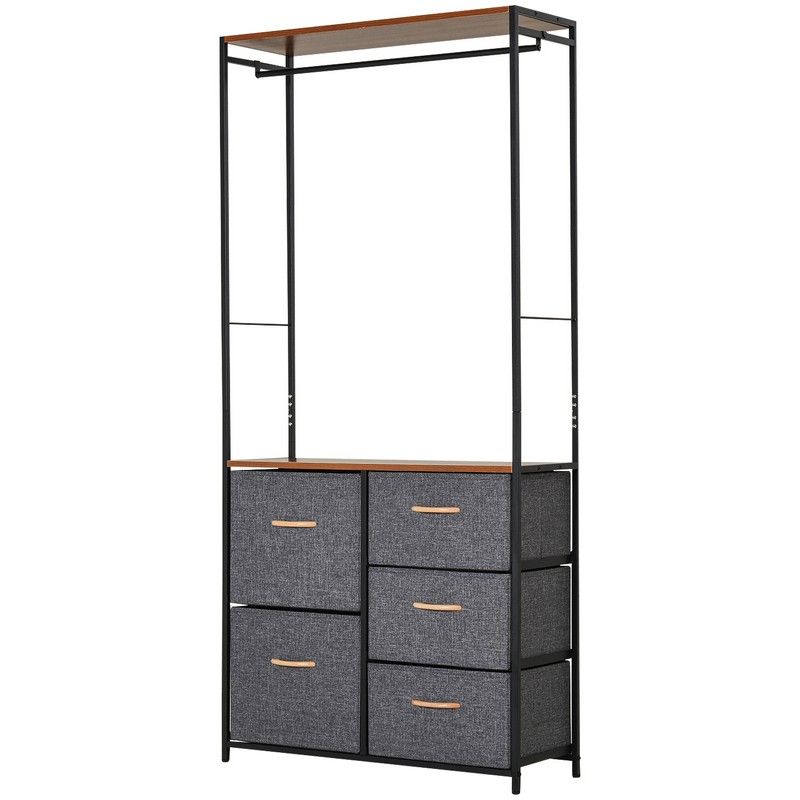 Homcom Chest of Drawers with Coat rack Steel Frame 5 Drawers Bedroom Hallway Home Furniture Black Brown