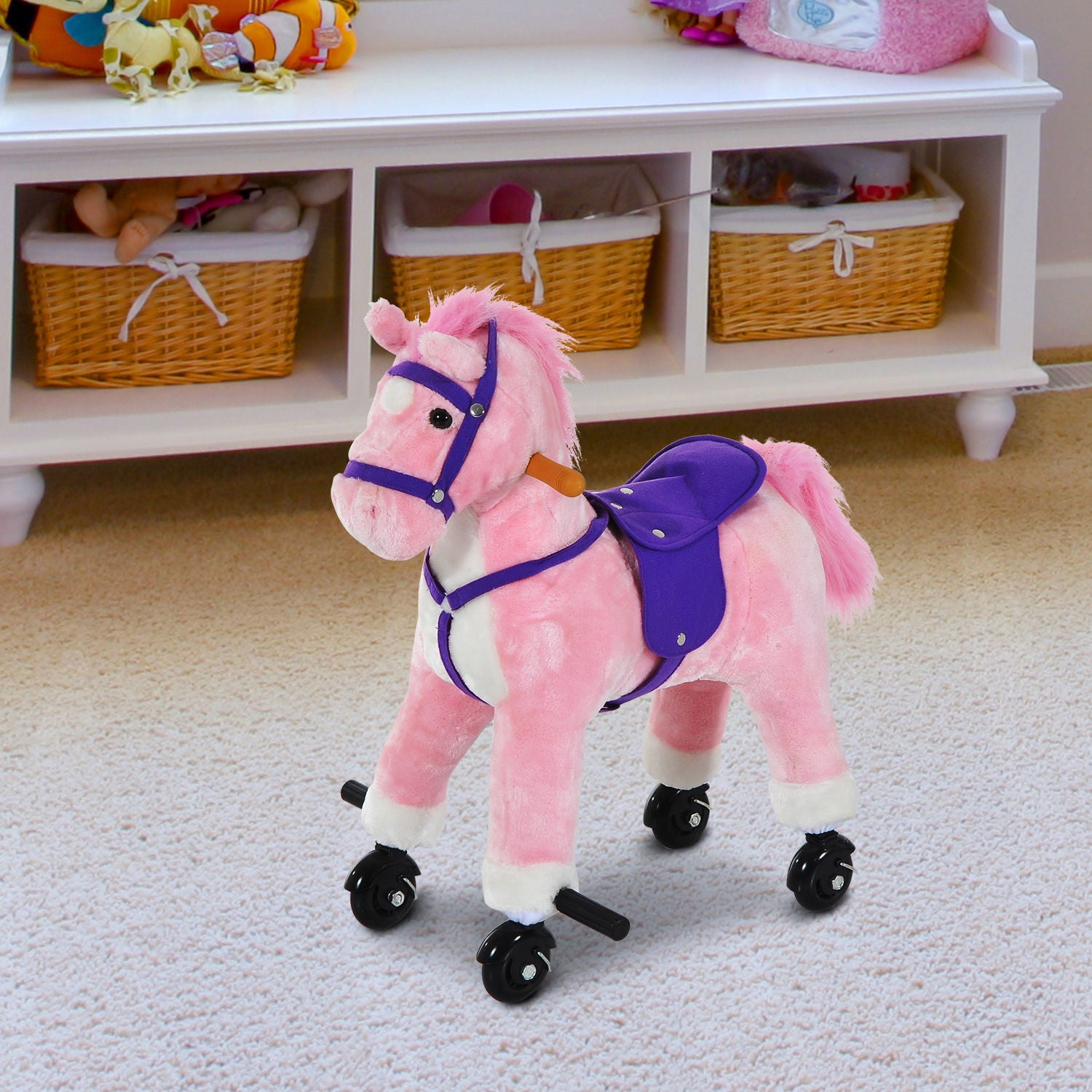 Homcom Wooden Action Pony Wheeled Walking Horse Riding Little Baby Plush Toy Wooden Style Ride on Animal Kids Gift w/Sound (Pink)