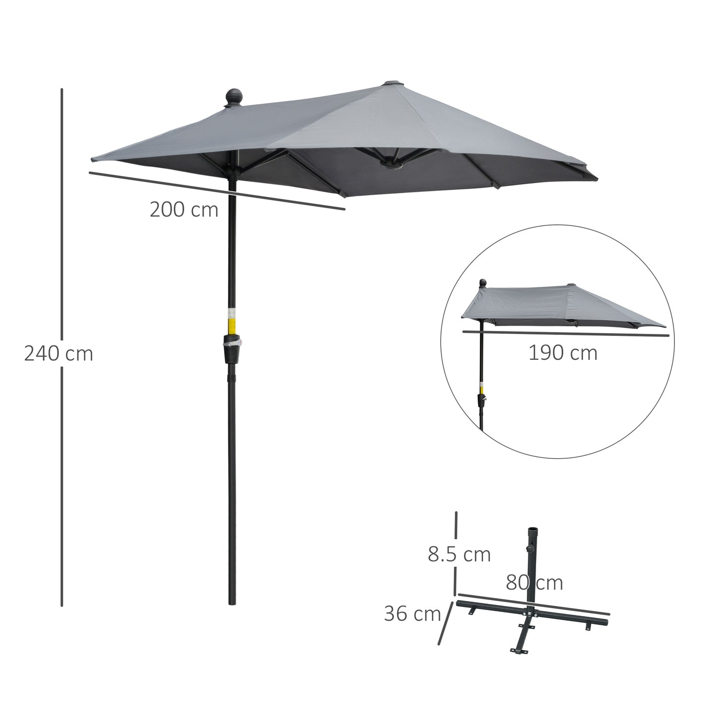 Outsunny 2m Half Parasol Market Umbrella Garden Balcony Parasol with Crank Handle