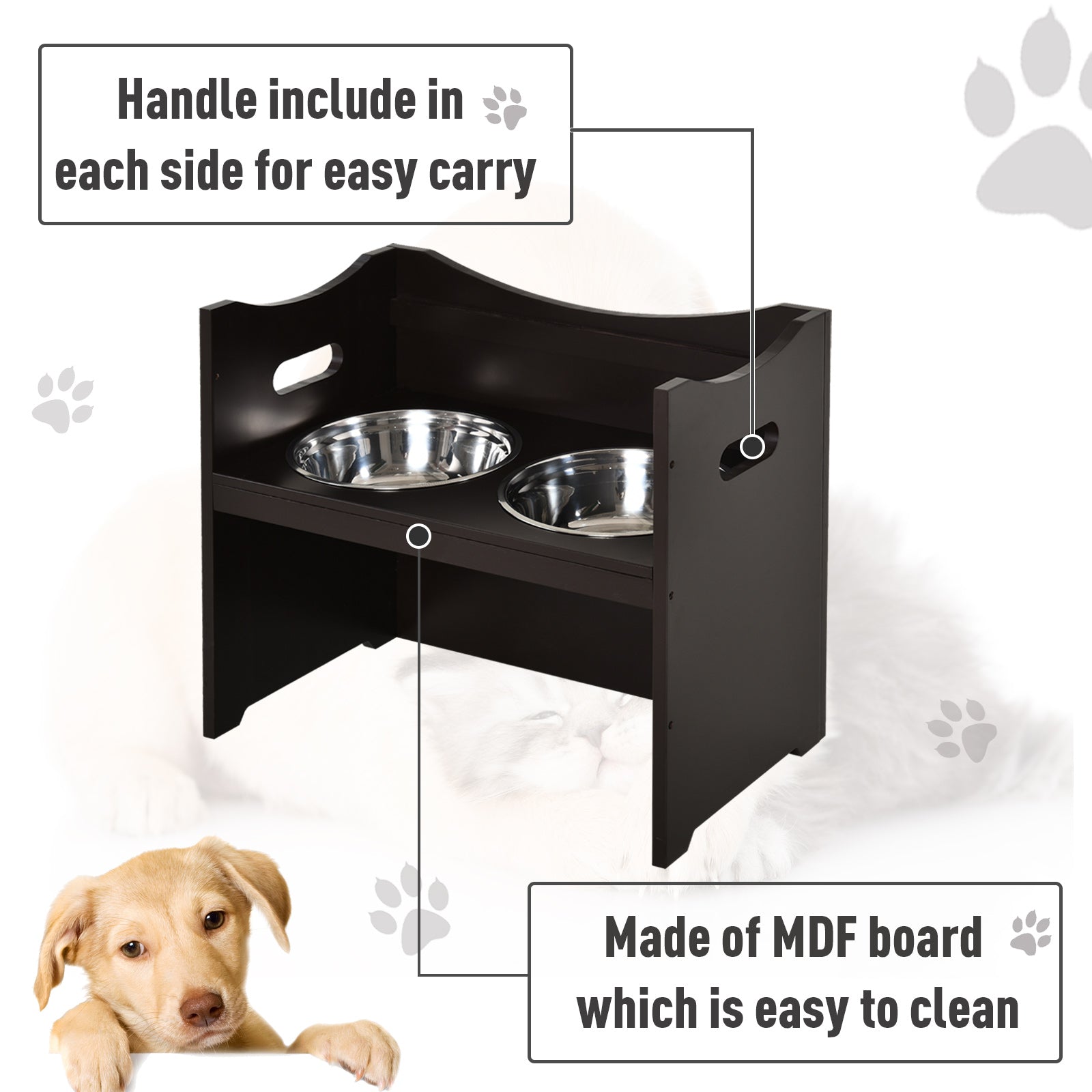 PawHut Medium-density fibreboard Elevated Duo Pet Bowl Feeder Brown