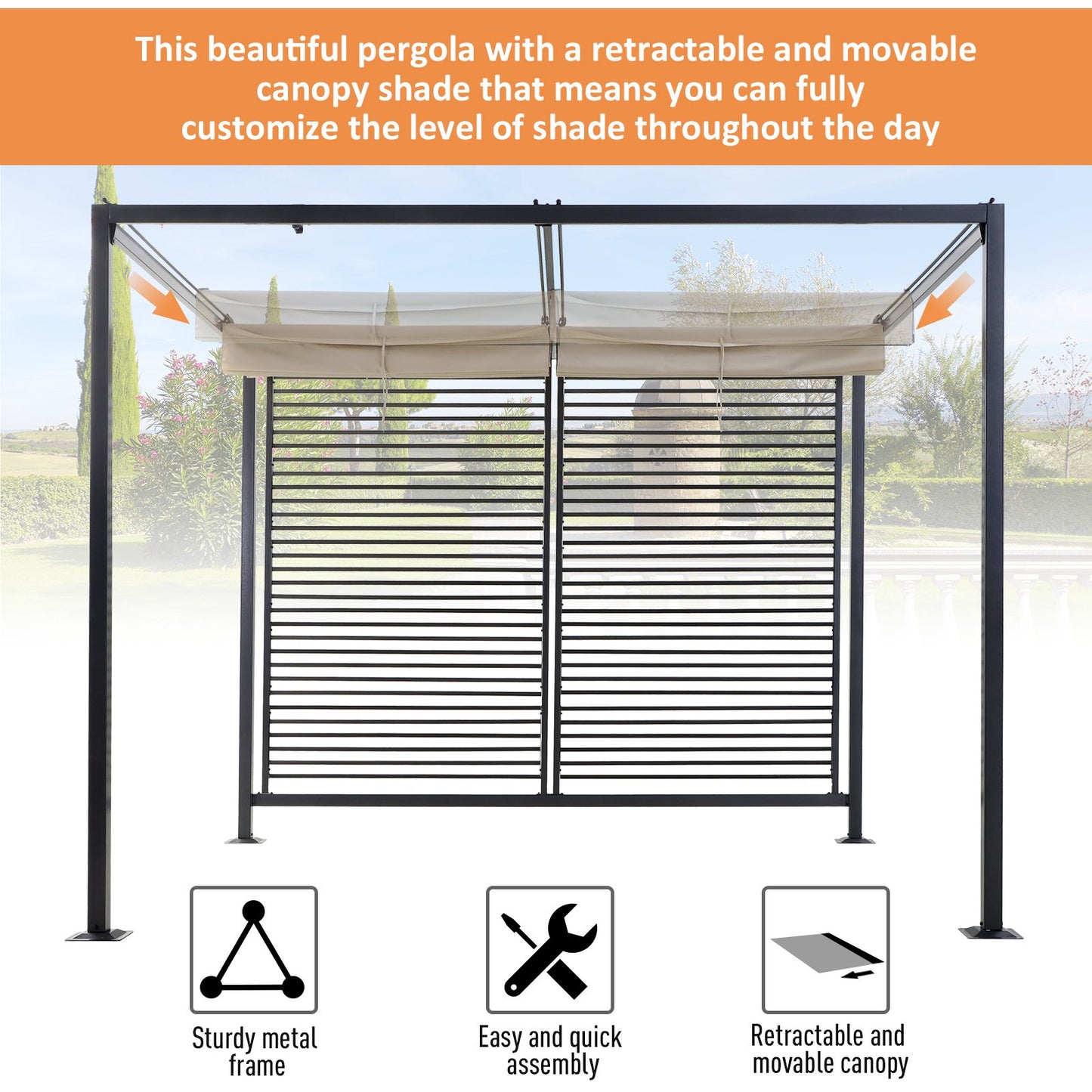 Outsunny 2.8 x 3(m) Metal Pergola Gazebo Patio Sun Shade Shelter Retractable Canopy Marquee Party BBQ Tent