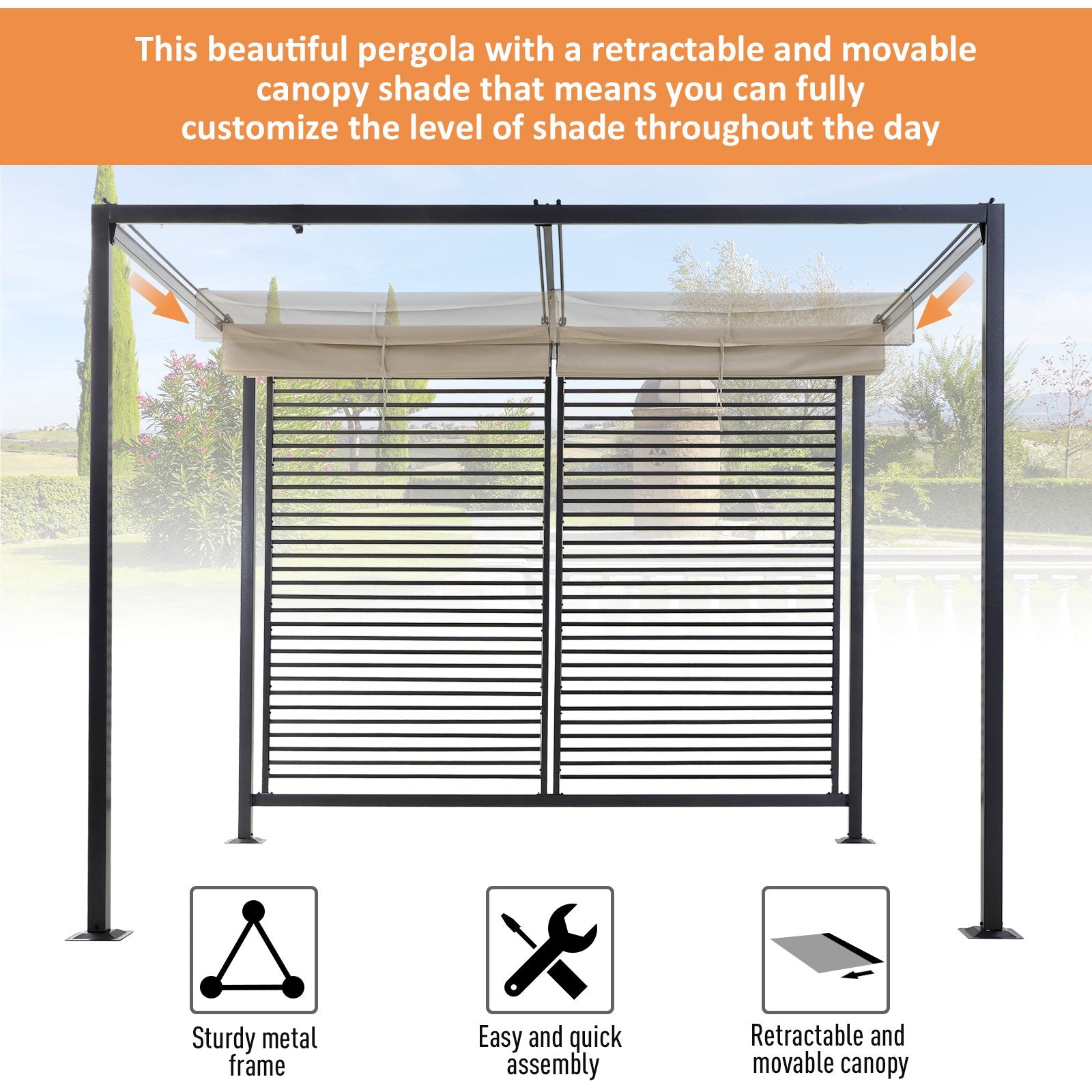 Outsunny 2.8 x 3(m) Metal Pergola Gazebo Patio Sun Shade Shelter Retractable Canopy Marquee Party BBQ Tent