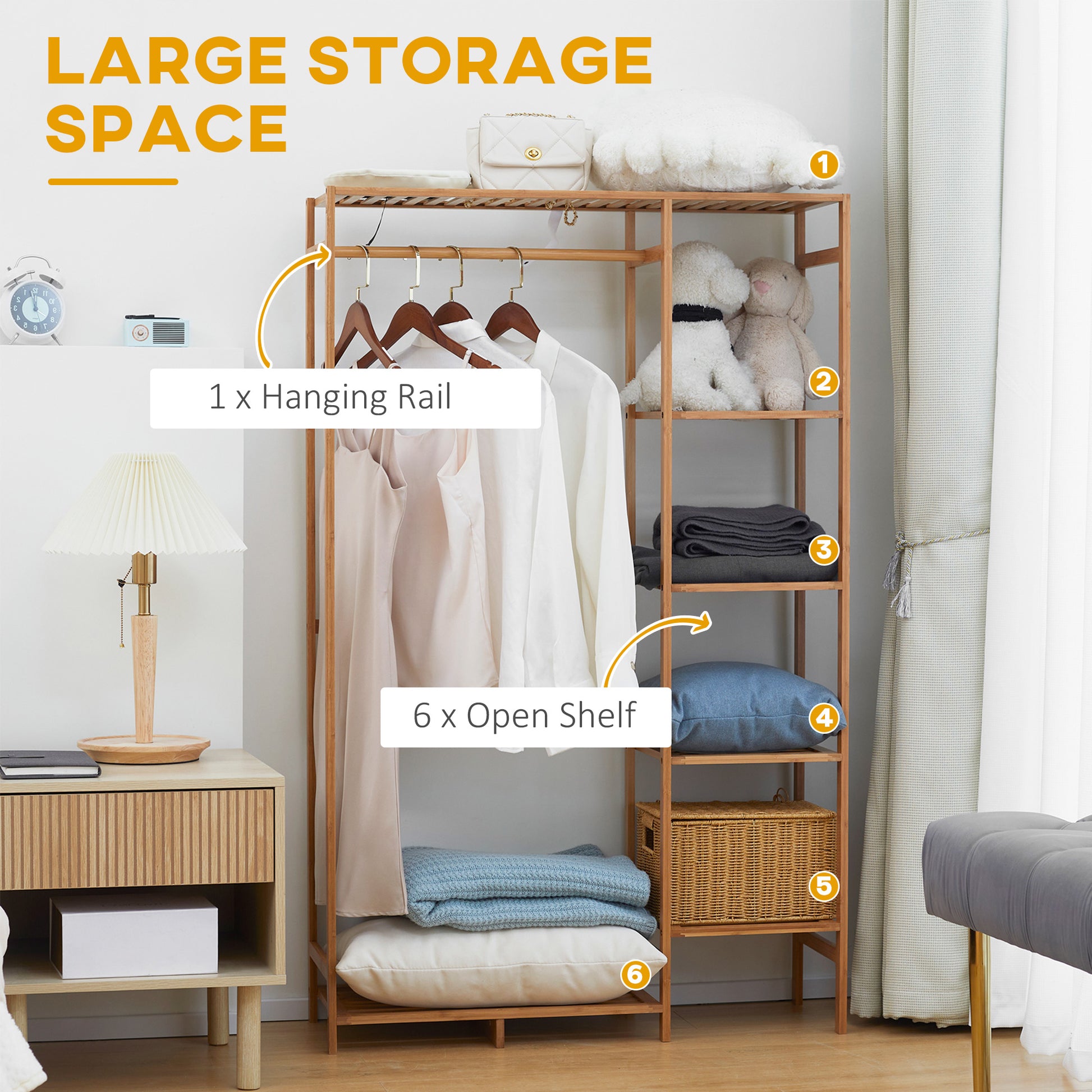 Homcom Bamboo Clothes Rack for Bedroom Garment Rack with 6-Tier Storage Shelf Hanging Rod Clothes Rail for Living Room Entryway