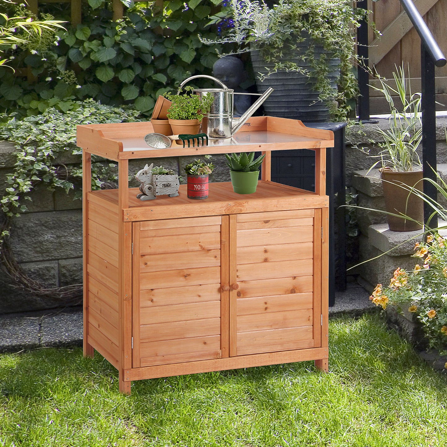 Outsunny Multi-function Potting Bench Table w/ Storage Cabinet and Galvanized Table Top