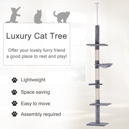 PawHut Floor to Ceiling Cat Tree for Indoor Cats 5-Tier Kitty Tower Climbing Activity Center Scratching Post Adjustable Height 230-260 cm Grey