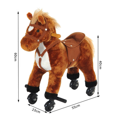 Homcom Wooden Action Pony Wheeled Walking Horse Riding Little Baby Plush Toy Wooden Style Ride on Animal Kids Gift w/Sound (Brown)