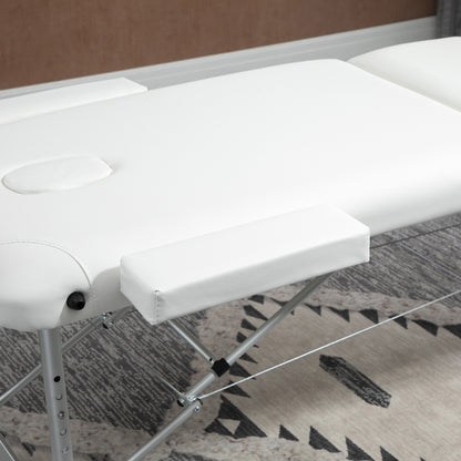 Homcom Folding PVC Leather Massage Table Aluminium Frame w/ Headrest Armrests Padding Handle Carry Bag Adjustable Height 3-Way Tri-Fold Salon Professional Bed Beauty White