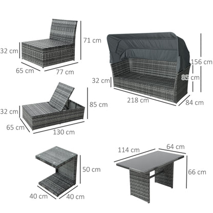 Outsunny 5 Pcs Outdoor Rattan Wicker Sofa Sets Reclining Sofa Adjustable Canopy & Side Table Dining Table Set Sectional Conversation Furniture W/ Cushions