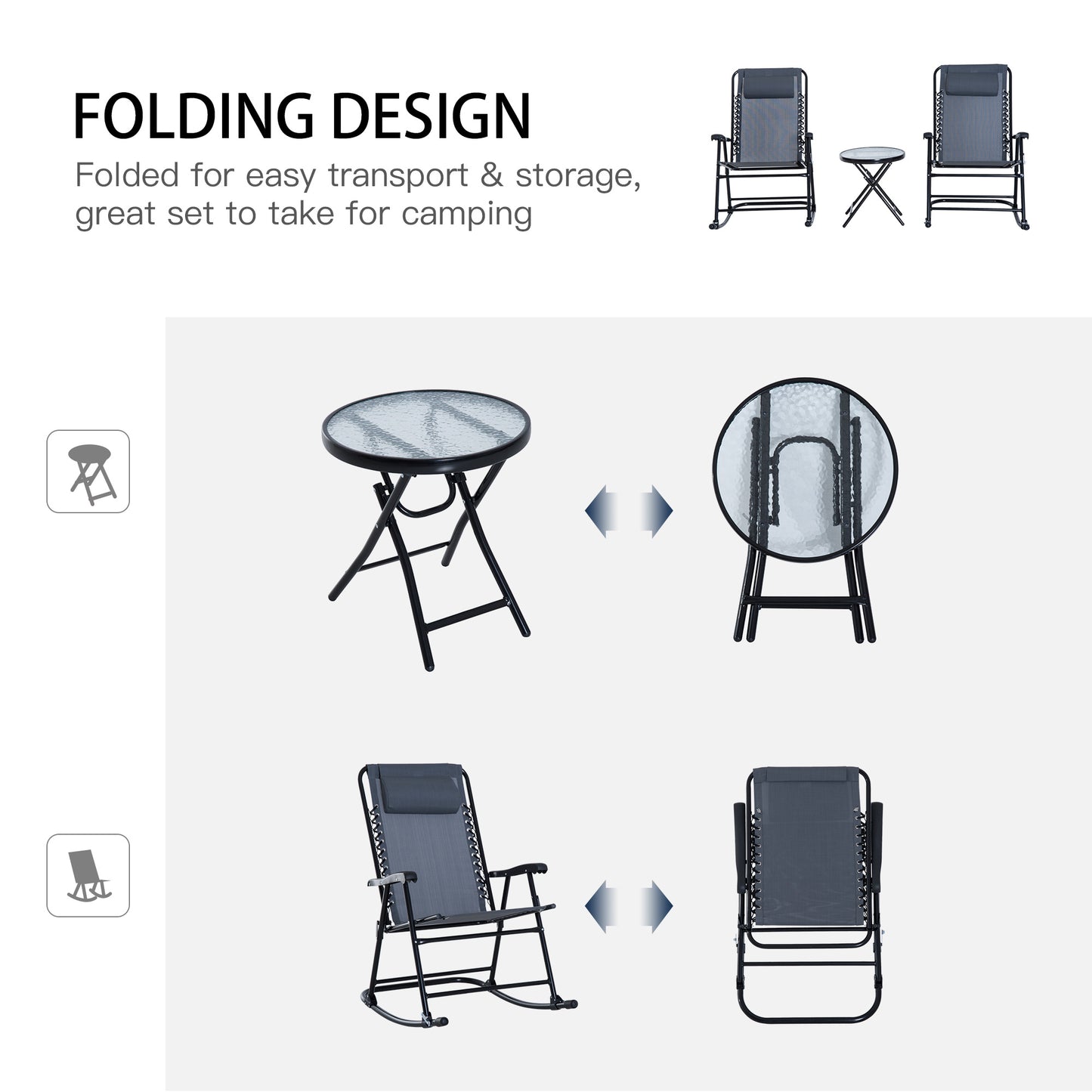 Outsunny 3 Piece Outdoor Rocking Set with 2 Folding Chairs and 1 Tempered Glass Table