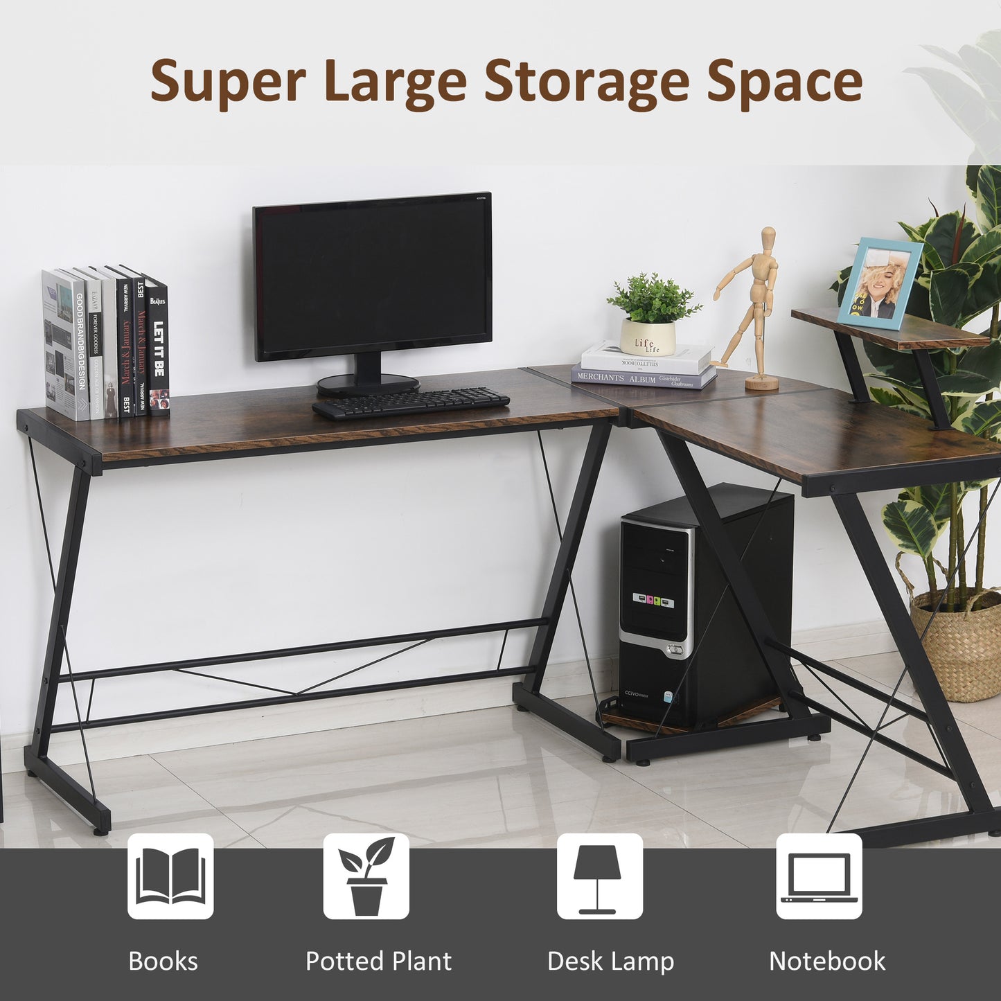 Homcom L Shaped Computer Desk Round Corner Gaming Table Workstation With Storage Shelf Cpu Stand For Home Office