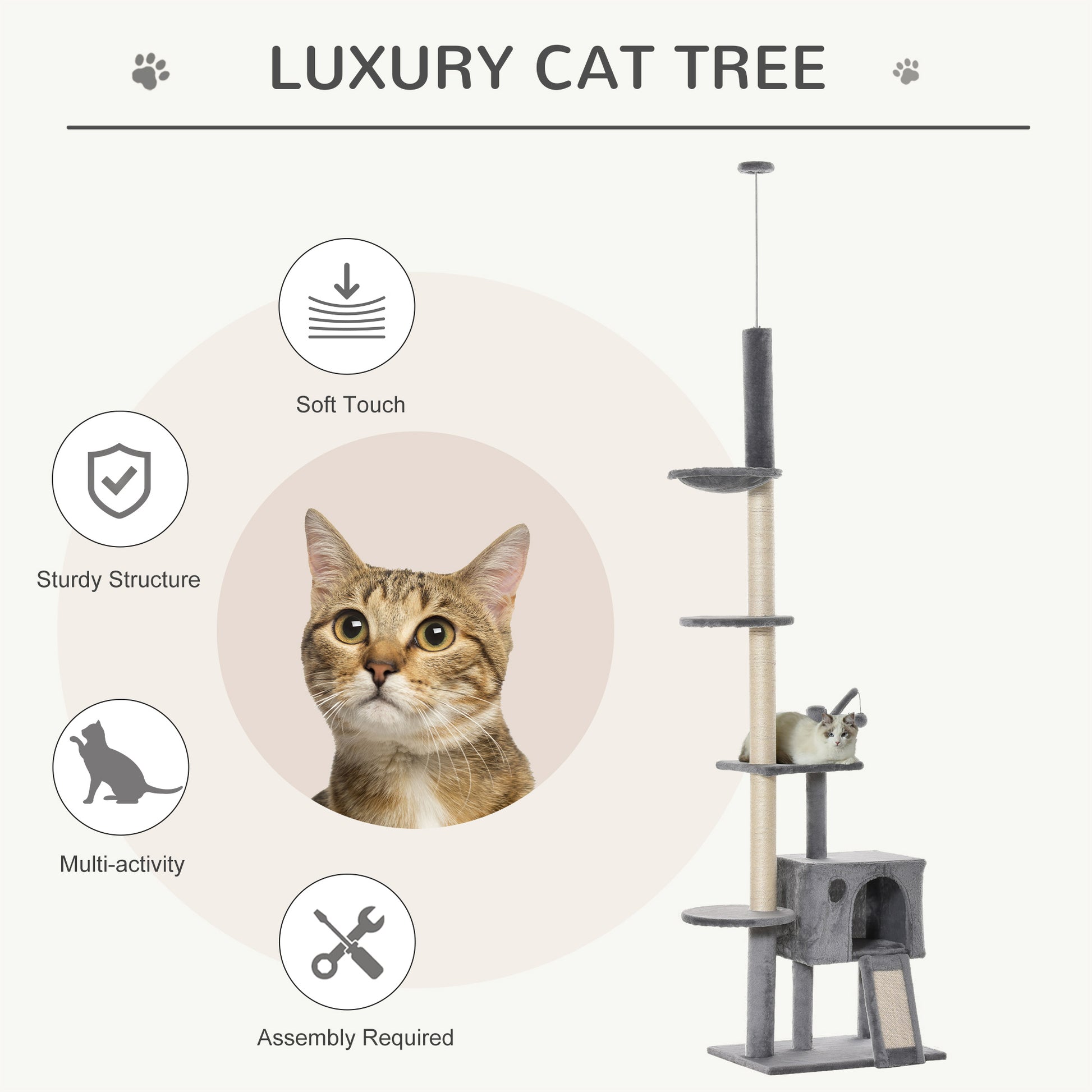 PawHut 230-280cm Huge Cat Tree Tower Ceiling High Multilevel Sisal Light Grey