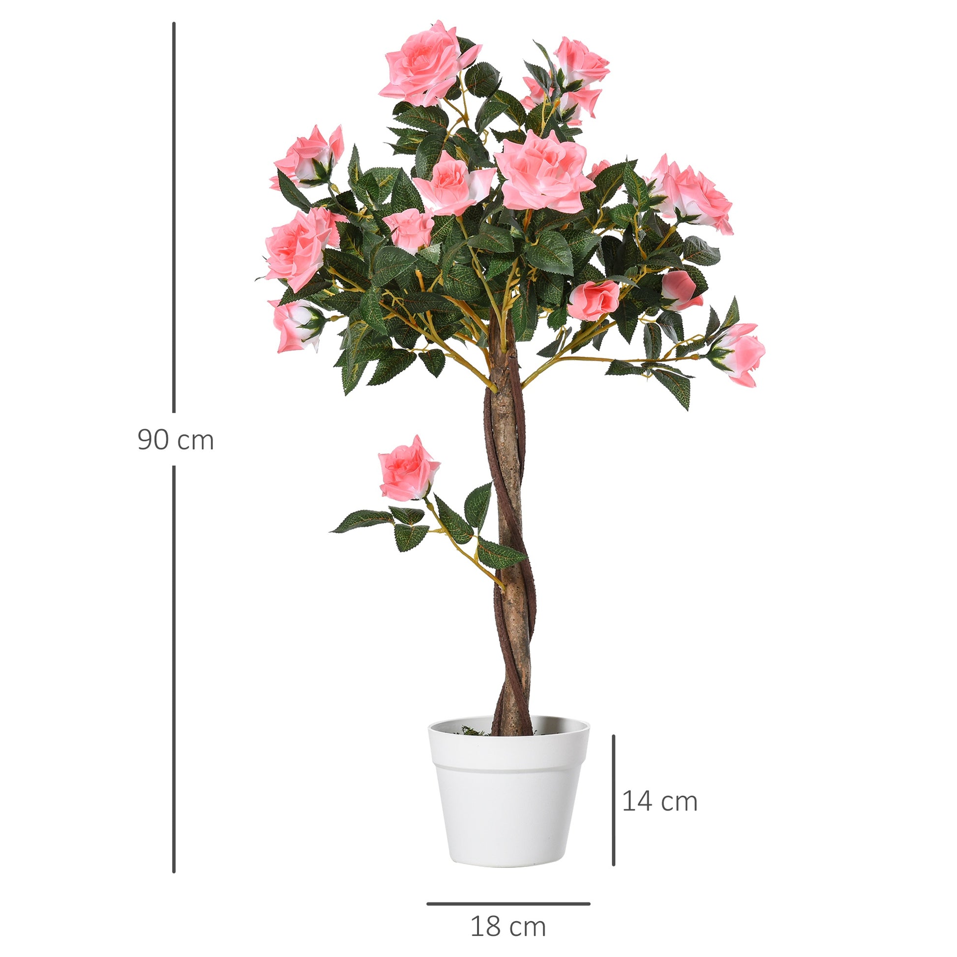 Outsunny 90cm/3FT Artificial Rose Tree Fake Decorative Plant w/ 21 Flowers Pot Indoor Outdoor Faux Decoration Home Office Décor Pink & Green